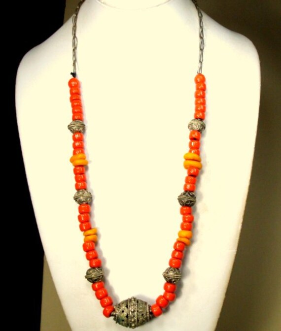 Tribal Orange & Yellow Glass Bead Necklace w Silv… - image 8