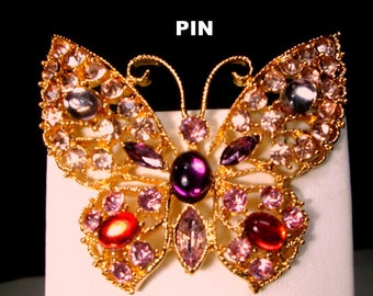 LARGE Trashy Glam Rhinestone Butterfly Pin, Glittery Red & White Glass on Faux GOLD Metal Brooch, Christmas Gift For Gardeners