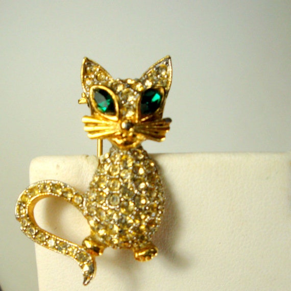 Broche Chat Aux Yeux Verts Avec Métal Et Strass - Occasion En Bon état