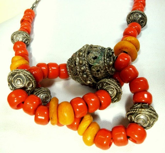 Tribal Orange & Yellow Glass Bead Necklace w Silv… - image 10