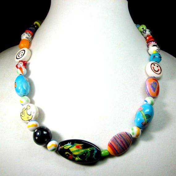 Handmade Porcelain & Glass Beads Necklace by Rachelle Starr, Hippie Boho Bead Soup, 22" Long