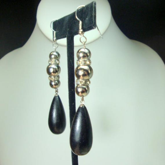 Long Black n Clear Rhinestone Drop Earrings, Brid… - image 6