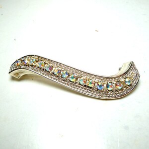Blue AB Rhinestone Crystal Brooch , 1960s Silver Metal Curved Bar Pin, Mid Century Minimalist Design