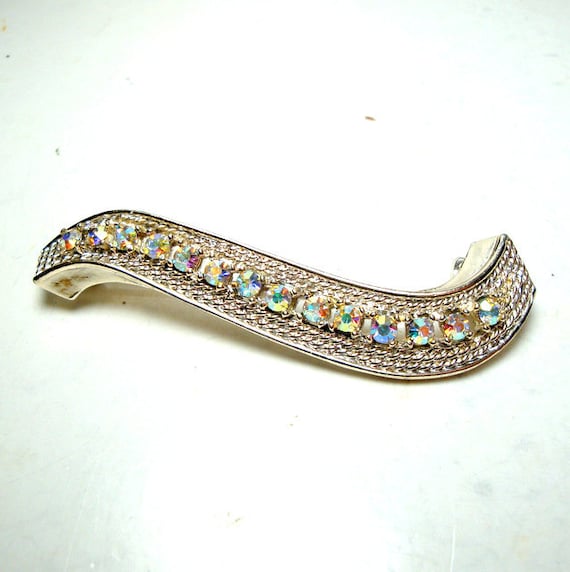 Blue AB Crystal Rhinestone Brooch: 1960s Silver Bar Pin