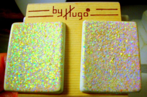 Pale Yellow Glitter Earrings: 1970s MOD Rectangul… - image 2