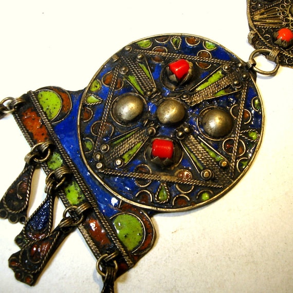 LARGE Antique Moroccan Berber Fibula, ENAMELED Or… - image 2