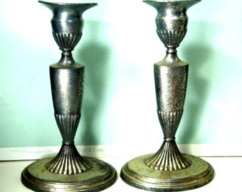 Candlesticks, PAIR of WILCOX SP Co. International, Style 8517 Candle Holders, Classic Dark Silver, Holiday or Shabbas Table, USeD, c 1950s