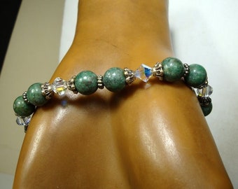 BRACELET, Faceted Crystal, Blue Green Stone & Silver Beads,  R Starr Creation