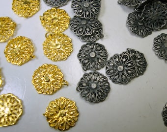 20 Pcs Antique Pewter Filigree Rosette Flower Charms 14mm, or 10 Pcs. Gold Plated Filigree Rosette Flower Charms, Pick ONE