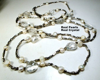 GORGEOUS CLEAR Quartz Crystal Faceted Gem Beads, White Fresh Water Pearls & Silver Beads 6 Foot LoNG Necklace, OOAK Rachelle Starr