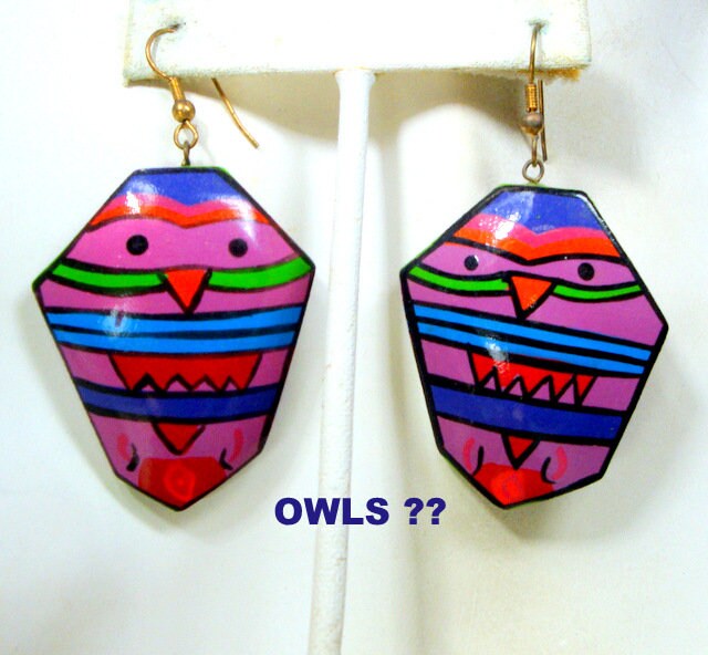 Handmade 1970s Painted Wood Owl Dangle Earrings