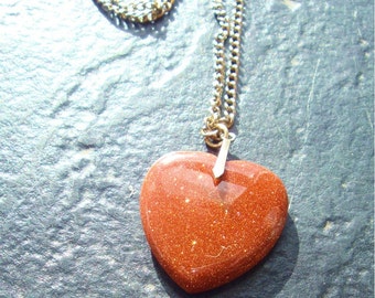 Goldstone Heart Necklace, Glass Heart Pendant on Chain
