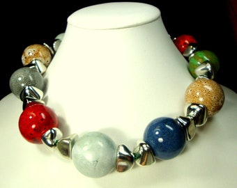 Color HUGE Ceramic Bead Choker, Runway Giant Necklace, OOaK by Rachelle Starr, Bold, LOOK at ME Statement Piece, Silver and Pottery Colors