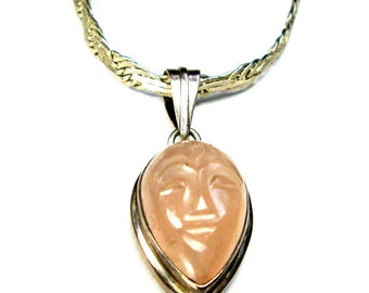 Sterling Silver & Rose Quartz FACE Pendant on 925 Silver Chain Necklace, Classic PINK Stone Carved Teardrop and Bail Amulet 1980s