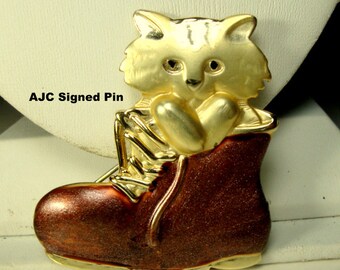 Kitty Cat Pin, AJC Signed Goldtone Shiny & Brown Brooch,  1980s, Mischievous Feline in a Boot