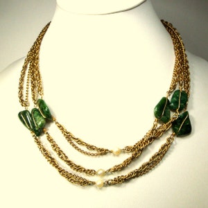 SALE, 3 Chains Nugget Choker, Gold Chains, Green Stone & Faux Pearl Necklace, 1950s