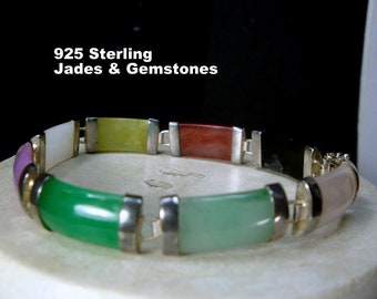 8 Color Jade Bracelet, Sterling Chinese Ideograph Protection & Gemstone Links, 1980s Classic Asian Stones For Happiness, Fortune, Destiny,