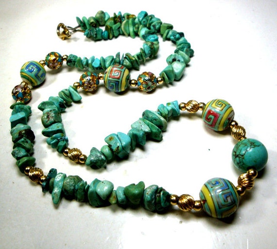 Turquoise Stone Nugget Necklace w Cloisonne, Porc… - image 2