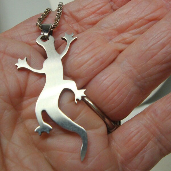 SALE, Stainless Steel LIZARD Pendant on Long SilverTone Metal Chain, Just a Salamander to Me...