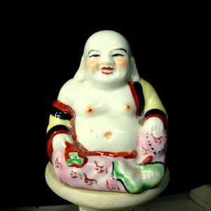 BUDDHA, Vintage Chinese Porcelain Happy Seated Budda Figurine , Chiese God of Zen  Happiness & Abundance