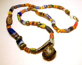 Colorful African Sandcast Vintage Trade Beads & Glass Spacers w Brass Lost Wax Cast Bell Pendant, Ghana Tribal Necklace, OOAK Rachelle Starr