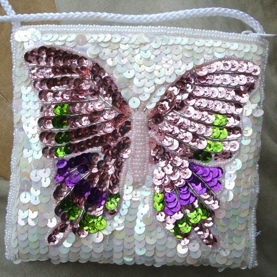Lavender BUTTERFLY Disco Bag 1980s White Sequins … - image 3