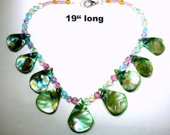 Mermaid Green Mother of Pearl Briolette Necklace with Pastel Color Czech Glass Beads, 19" Design by Rachelle Starr