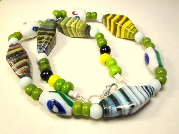 1960s Vintage Glass Bead Necklace: Lime, Green, Blue, & Brown - Etsy