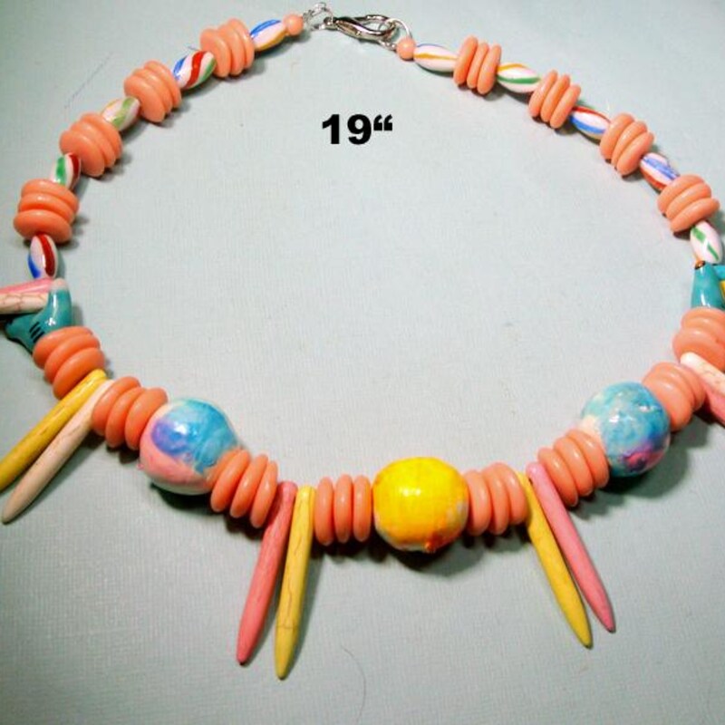 Beaded Necklace with Paper Mache Ball in Orange/White