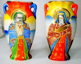 2 Occupied Japan Moriage Miniature Vases,  Porcelain PAIR Man & Woman, HandPainted Figural Set