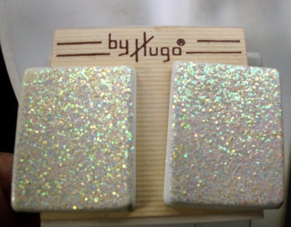 Pale Yellow Glitter Earrings: 1970s MOD Rectangul… - image 5