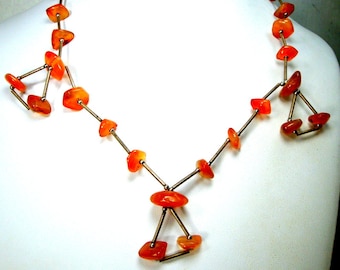 SALE,   Carnelian Nugget Beads & Liquid Silver Tube Necklace  1970s Thin Strand Hippie Era Agate Beads with 3 Loop de Loops