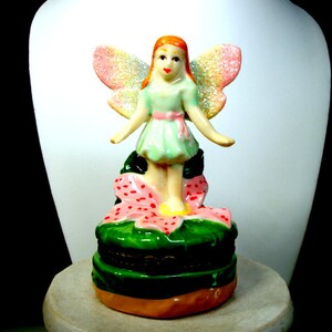 Garden Fairy Box, Porcelain Trinket Box, Hinged, Painted, 1990s Winged Tiny Gal with Flowers & Butterfly Treasures, Faux Limoges Style