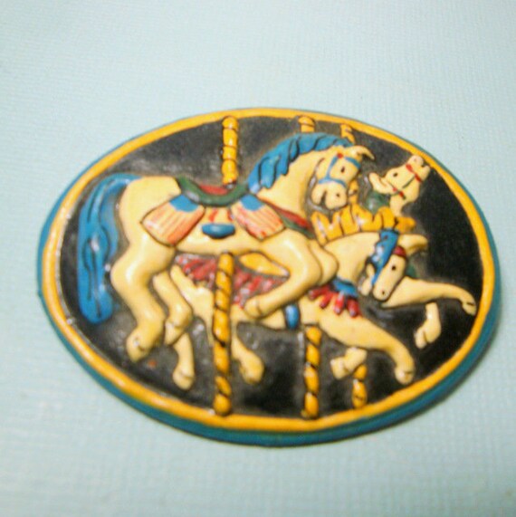 Carousel Horse Pin, 1960s , Hand Painted Oval Res… - image 6