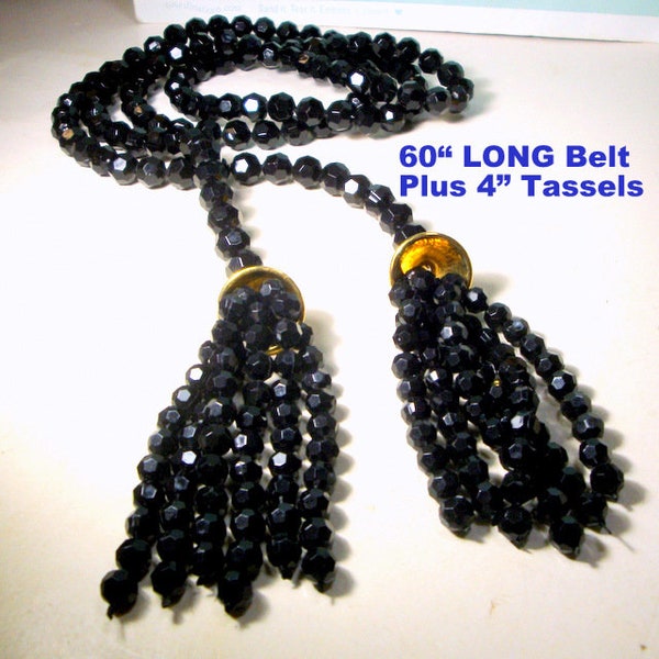PLUS SIZE Black Beaded Long Fringed Tassel Belt, Gold Caps.. Faceted Immaculate Lightweight Resin Beads, NEVER USeD, Glam & Gift Worthy