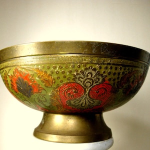 Vintage 1960s Enameled Brass Footed Bowl: Hippie Era Decor