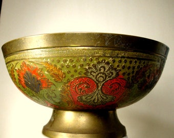 Vintage 1960s BRASS Brightly Colored Enameled Footed Bowl, AS IS, Used Shabby, Hippie Era, Green & Orange, Eastern Classic Design