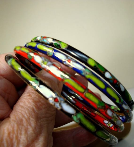 Vintage Chinese Cloisonne Bangle Bracelets: 1980s… - image 8