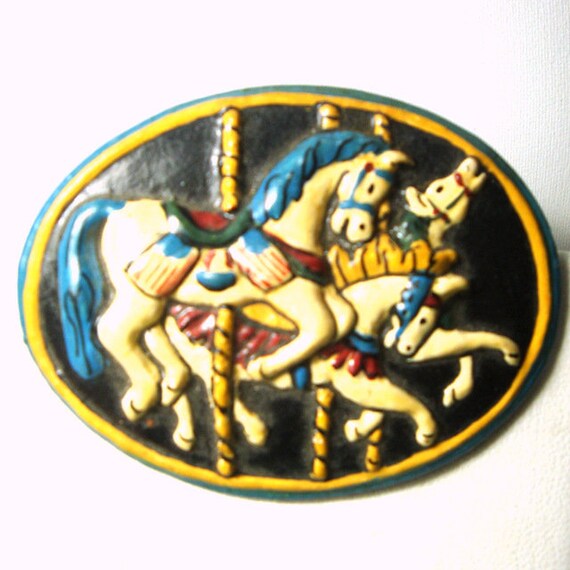 Carousel Horse Pin, 1960s , Hand Painted Oval Res… - image 7