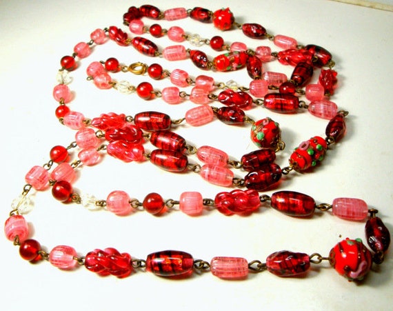 LONG Red & Pink ART Glass Bead Linked 54" Necklac… - image 2