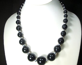 Graduated Round Black Bead Necklace with Shiny Silver Bead Spacers & Extender Chain, Boho Classic MOD Beauty