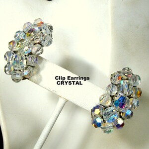 CLIPS, Aurora Borealis Crystal CLIP Earrings,  Very Faceted Rainbow AB Beads, 1950s, Classic Hollywood Glam