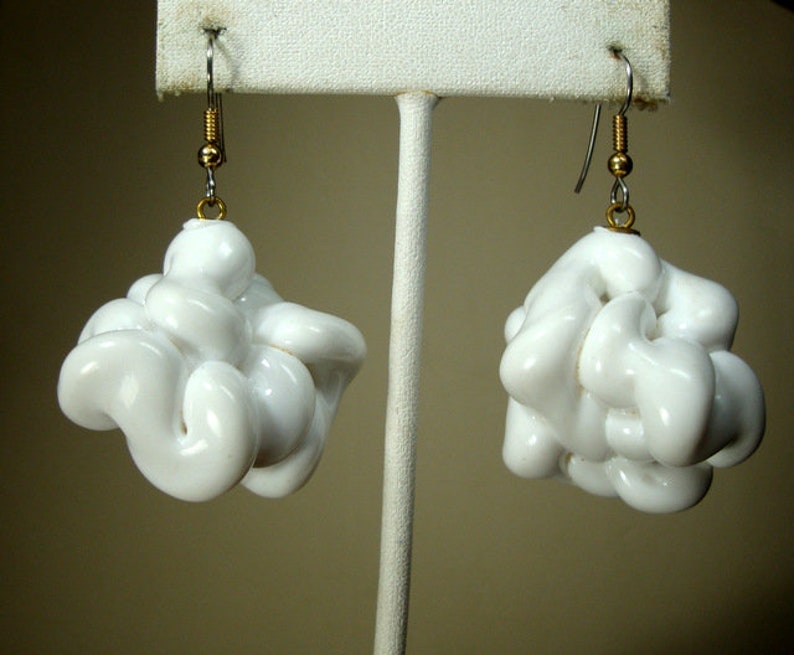 SALE, Big White Dangle Earrings, 1970s Resin Handmade Popcorn Shape Balls, My Design Back then, OOAK, Rachelle Starr image 1