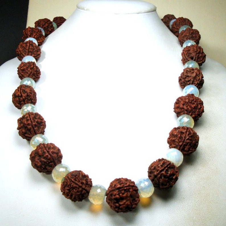 5 Mukhi Rudraksha Sacred Bead Necklace Seeds /& Faceted Opalescent Milk Glass Beads OOAK by Rachelle Starr For The Spiritual Warrior