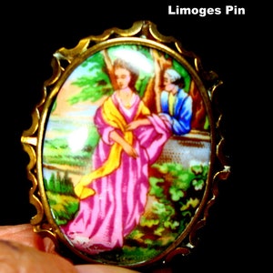 French LIMOGES Cameo Pin, Lovely Porcelain Lady On Darkened Vintage Brooch, Older Catch, See Signed Back