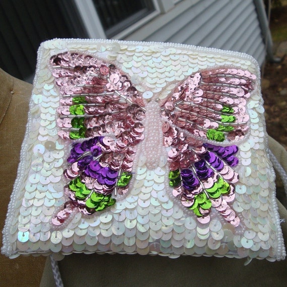 Lavender BUTTERFLY Disco Bag 1980s White Sequins … - image 1
