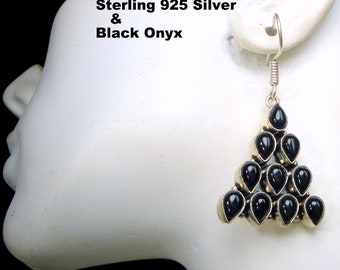 Black Onyx & Sterling 925 Wire Dangle Earrings, Geometric Handmade Classic Triangle, Bezel Set Indonesia 1990s