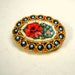 Italian Micro Mosaic Pin. Red, Teal, White Glass Tile Tesserae Flowers, Goldtone Oval Brooch, 1980s Vintage,  MilleFiore Canes 