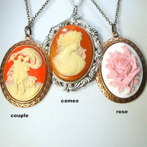 SALE, PICK One Cameo Pendant, Classic Victorian Lady Portrait, or Couple Amulet, Each w Chain