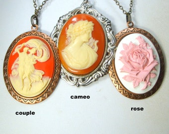 SALE, PICK One Cameo Pendant, Classic Victorian Lady Portrait, or Couple Amulet, Each w Chain